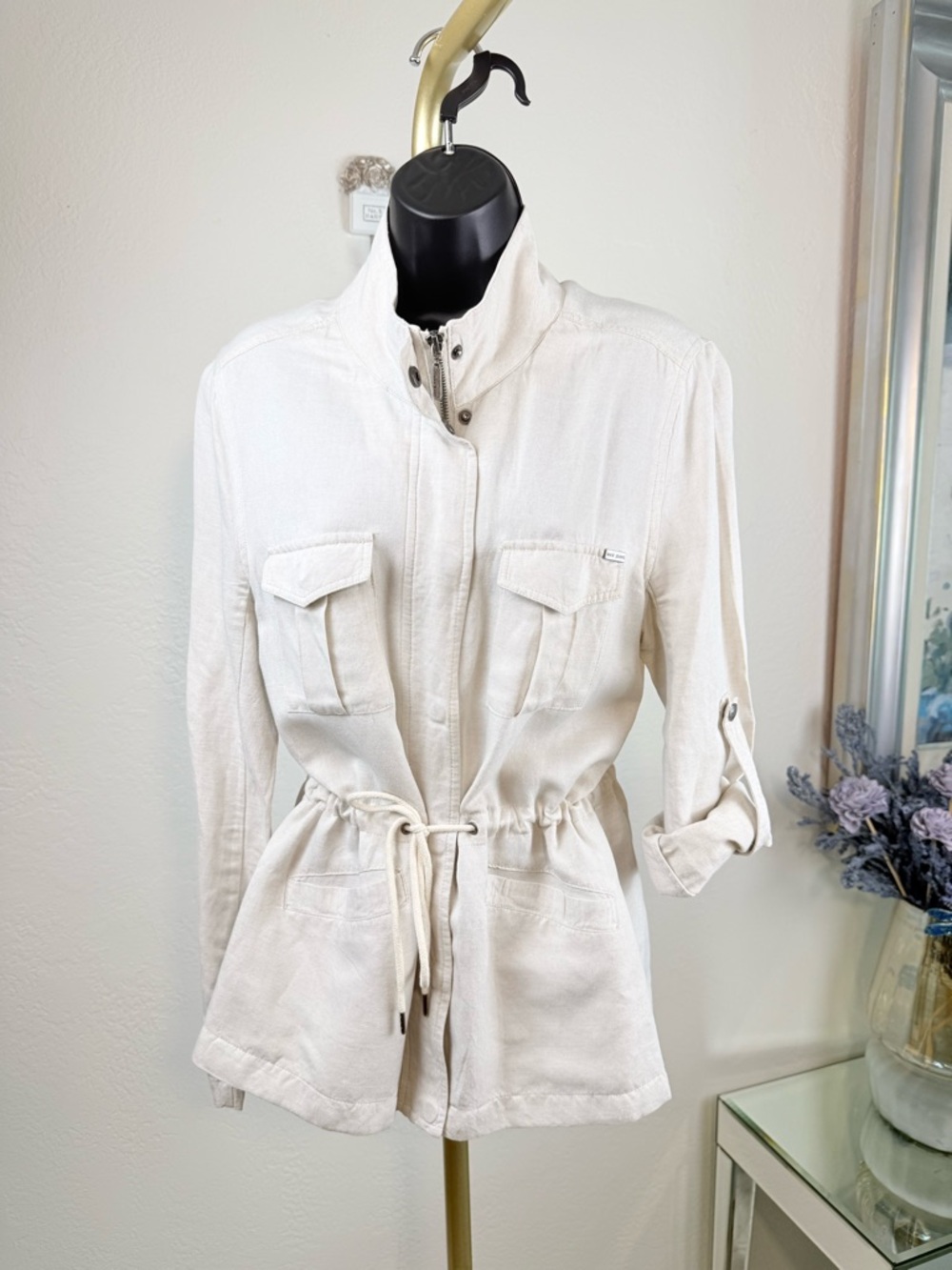 Coastal Max Beige Linen Blend Utility Safari Rope Belt Jacket Medium Military‎
